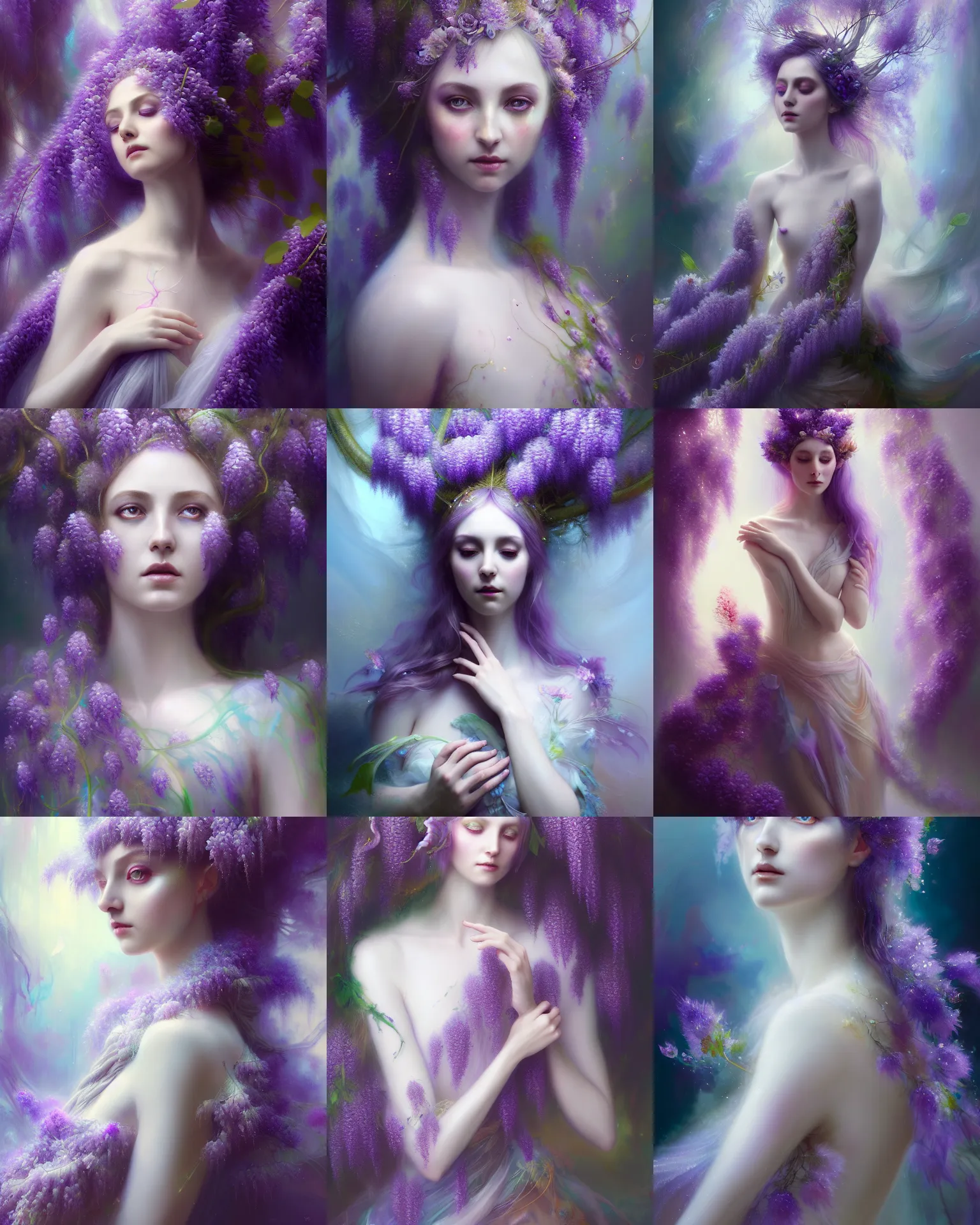 Image similar to Full View Portrait Mystical ethereal wisteria deity wearing beautiful dress, wisteria Dryad, 4k digital masterpiece by Anna dittman and Ruan Jia and Alberto Seveso, fantasycore, Hyperdetailed, realistic oil on linen, soft lighting, wisteria background, featured on Artstation