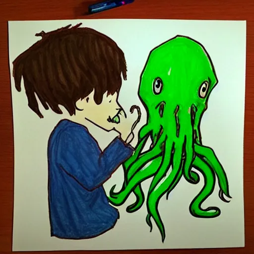 Prompt: “ a child ’ s drawing of himself with his imaginary friend cthulhu ”