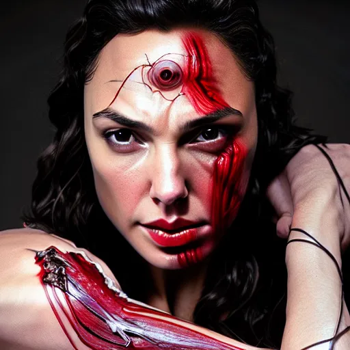 Image similar to gal gadot as a female vampire monster with translucent skin, visible muscles and veins and arteries and bones and spine and nerves, beautiful detailed intricate insanely detailed octane render, 8K artistic photography, photorealistic, chiaroscuro, by David Cronenberg, Raphael, Caravaggio