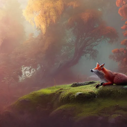 Image similar to tom bagshaw, soft painting render curiosities pond vegetation rocks covered moss scintillating, beautiful running fox, accurate features, focus, very intricate ultrafine details, random volumetric lighting, dense fog, award winning masterpiece, octane render 8 k hd, artstation