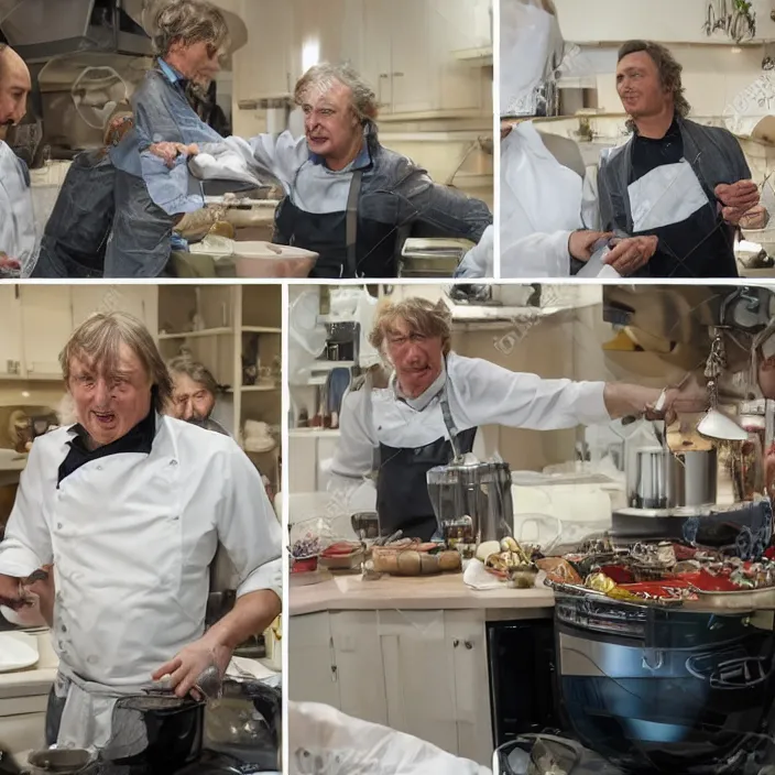 Image similar to vladimir putin and james may in white apron in kitchen cooking dinner. stock photo, photograph