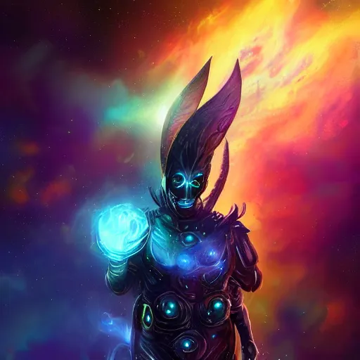 Image similar to photorealistic fantasy cosmic concept art of a cosmic nebula God in dark matter armor hovering in a unknown galaxy, fully body portrait, cinematic, dynamic lighting, ultra detailed, creative, trending on art station