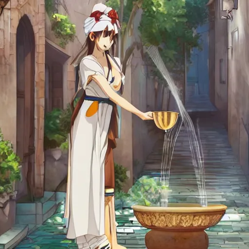 Image similar to an anime waifu in a greek attire pouring water out of a vase into a fountain, spanish ghibli alleyway