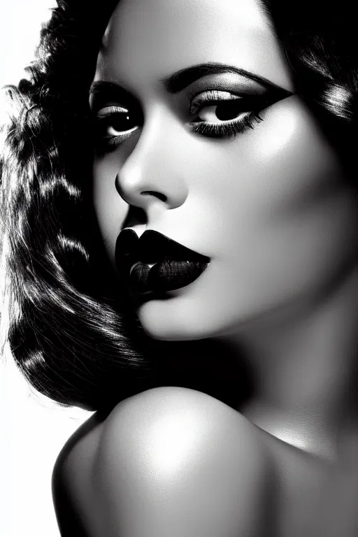 Prompt: stunning black and white portrait of a beautiful latina woman by kenneth willardt. long wavy glossy hair and makeup. face only, no hand. vintage glamour. shiny dark lips. highly detailed and realistic acrylic painting on canvas. brush strokes.