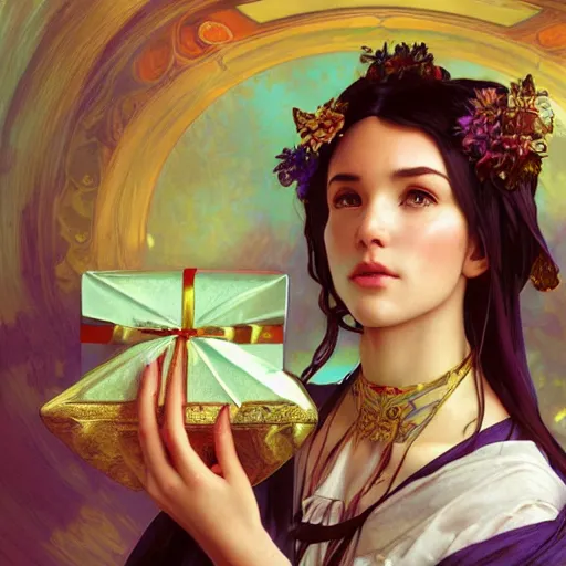 Image similar to a fortune teller holding a wrapped birthday gift with a confused look on their face, art by artgerm and greg rutkowski and alphonse mucha, concept art, octane render, unreal engine 5, highly detailed, high quality, 8 k, soft lighting, realistic face, path traced