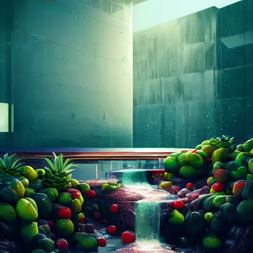 Image similar to beautiful matte painting of a fruit splash by beeple, trending on artstation, featured on behance, intricate, rectilinear, digital art, octane render.