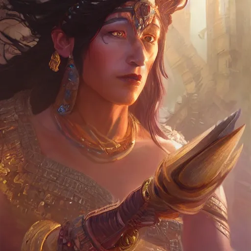 Image similar to Jeff Bezos as a female amazon warrior, closeup, D&D, fantasy, intricate, elegant, highly detailed, digital painting, artstation, concept art, matte, sharp focus, illustration, hearthstone, art by Artgerm and Greg Rutkowski and Alphonse Mucha