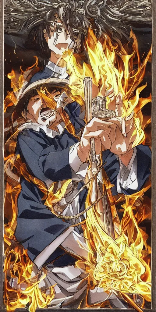 Prompt: powerful anime judge with a magic gavel on fire, in a court room with a justice scale on his desk, drawn by a famous anime artist, high quality, fine lines, amazing detail. colored, intricate ink painting detail the justice tarot card