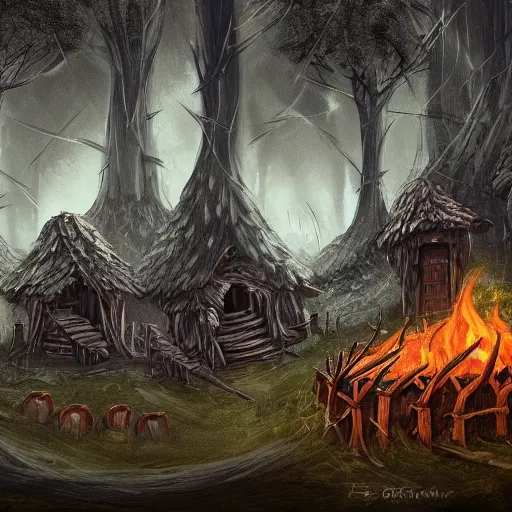 Prompt: concept art of a druidic village surrounded by trees made of obsidian and flames for leaves, dark fantasy, eerie, at dusk, slightly hazy, digital painting, large fire pit