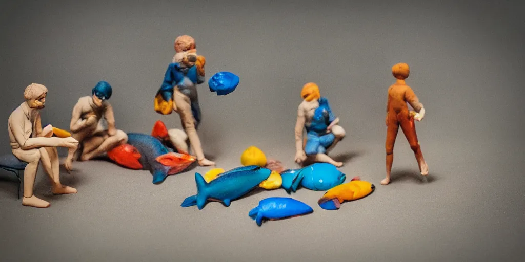 Prompt: plasticine model of [ [ [ [ newt ] ] ] ] figures clay surreal. strange. tilt shift. bubbles. weird. fish tank in waiting room. photorealistic.