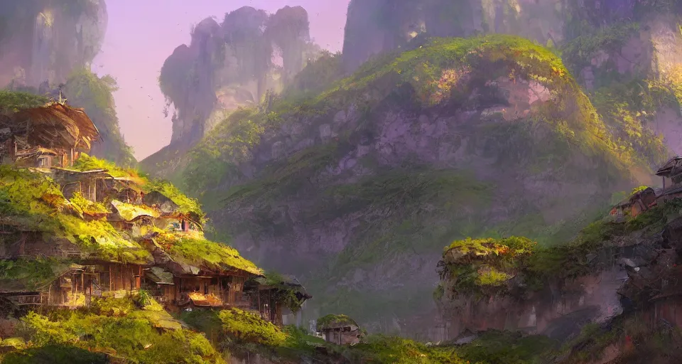 Image similar to natural beauty village on a mountain slope next to a river bay, realistic concept art, eytan zana, one pixel brush, illustrated by malcolm barter, lavander and yellow color scheme, dramatic lighting, concept art, trending on artstation