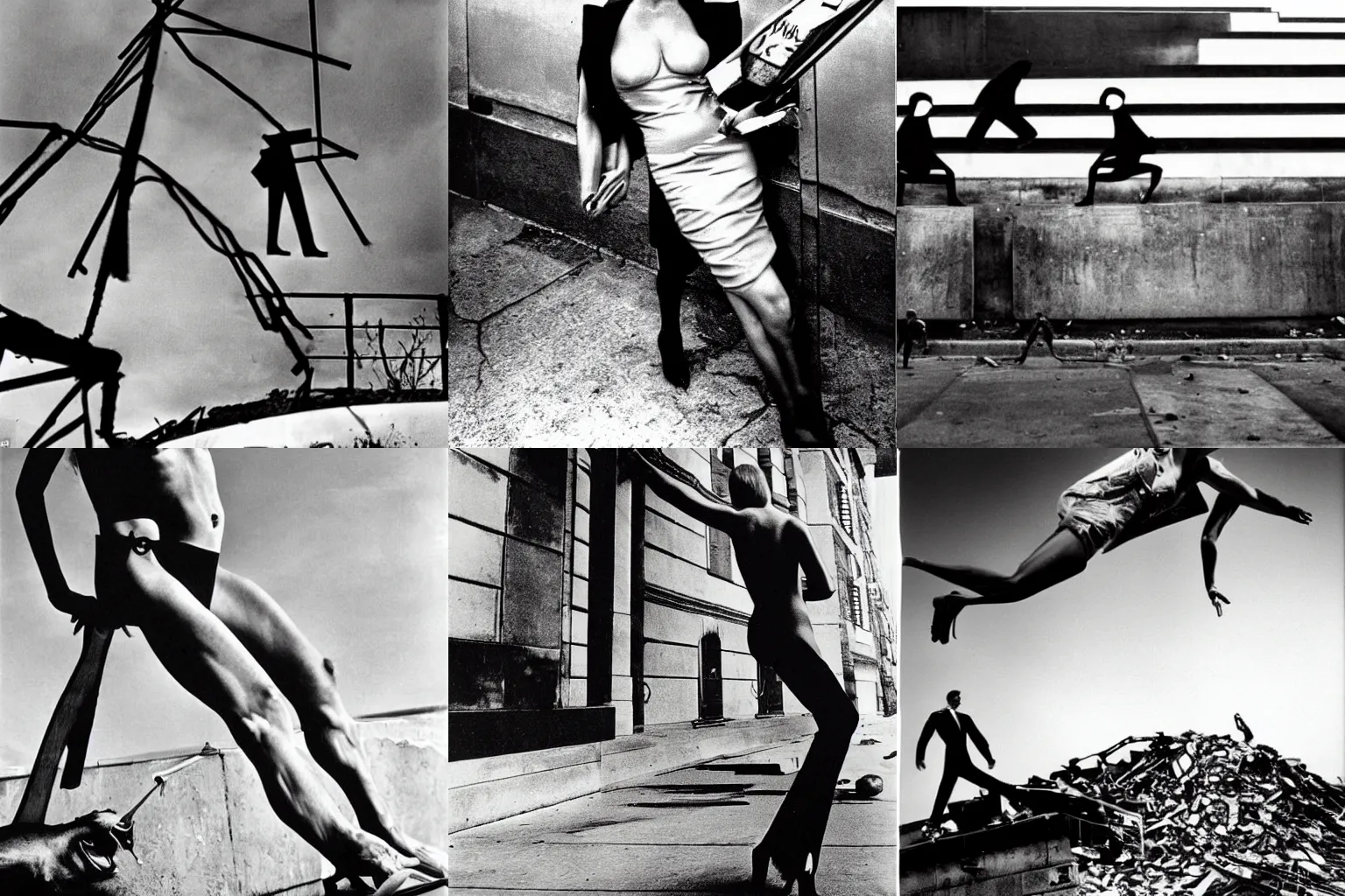 Prompt: metaphor for the division and destruction of social order, constructivist image by helmut newton