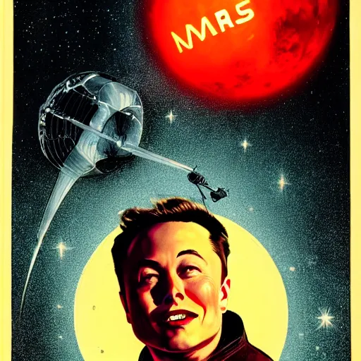 Image similar to movie poster of elon musk as a villain who looks at the planet mars with a macabre smile, his face is illuminated with a red light, drew struzan style