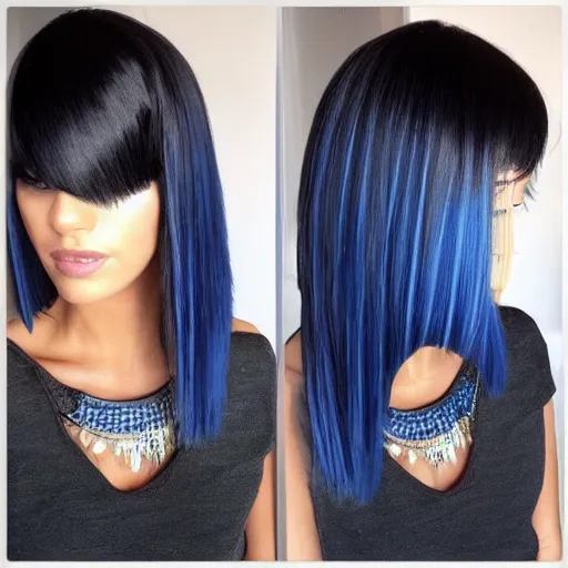 Image similar to avant runway hairstyle professional designer hair bangs, salon photography, bold colors, high details