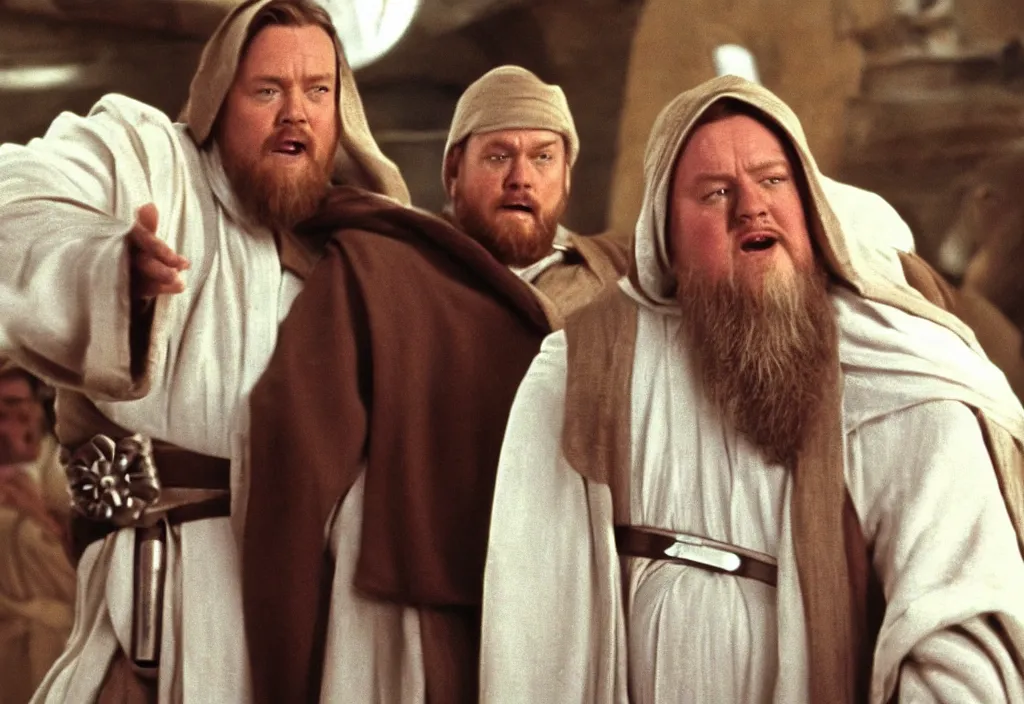 Prompt: obi wan kenobi but obese!! and overweight, photoralistic rendering, movie still, screenshot, hyperdetailed