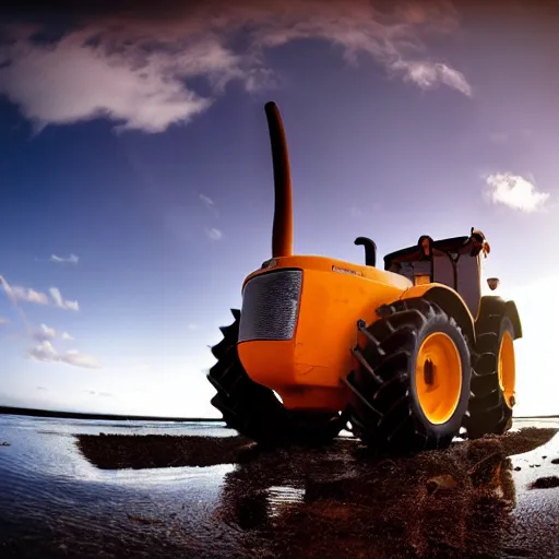 Prompt: wide angle ultrawide shot backlit tractor ploughing the seabed underwater photo on gopro, moody colours