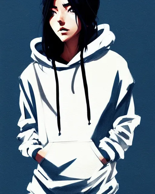 Image similar to a ultradetailed painting of a stylish girl in a oversized hoodie by conrad roset, greg rutkowski and makoto shinkai trending on artstation