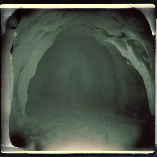 Prompt: a dark and narrow glacier cave, deep, dark, creepy, eerie, unsettling, terrifying, old polaroid, expired film, deep,
