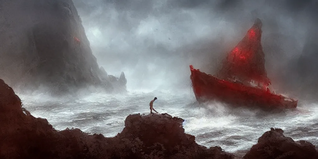 Image similar to “ a roman in a red tunic crawls from the ocean onto a rocky beach in fog ” “ a wrecked roman ship in ocean. ” dark fantasy, cinematic, very detailed, mist, volumetric lighting, golden ratio, vivid, trending on artstation, 4 k matte painting,