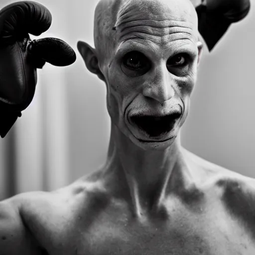 Image similar to portrait of nosferatu after boxing, brews blood, sweating, boxing gloves, 5 0 mm lens, realistic photography