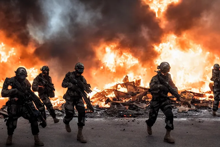Prompt: Mercenary Special Forces soldiers in grey uniforms with black armored vest and black helmets assaulting a burning exploding devastated palace Dubai in 2022, Canon EOS R3, f/1.4, ISO 200, 1/160s, 8K, RAW, unedited, symmetrical balance, in-frame, combat photography, colorful