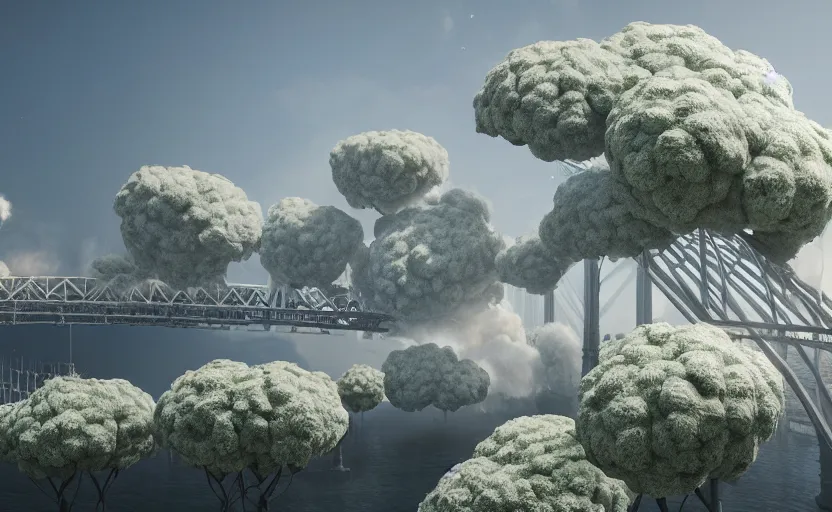 Image similar to explosions in the form of realistic white cotton plants on harbour bridge, huge white cotton plants everywhere on the destroyed harbour bridge, smooth, sharp focus, highly detailed, 3 d octane render, epic lighting, crazy atmosphere, lots of cotton plants, 8 k, by goro fujita