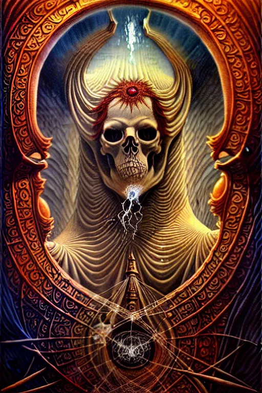 Image similar to A beautiful detailed orixa, tarot card, by tomasz alen kopera and Justin Gerard, symmetrical features, ominous, magical realism, texture, intricate, ornate, royally decorated, skull, skeleton, whirling smoke, embers, red adornements, red torn fabric, radiant colors, fantasy, trending on artstation, volumetric lighting, micro details, 3d sculpture, ray tracing, 8k, anaglyph effect