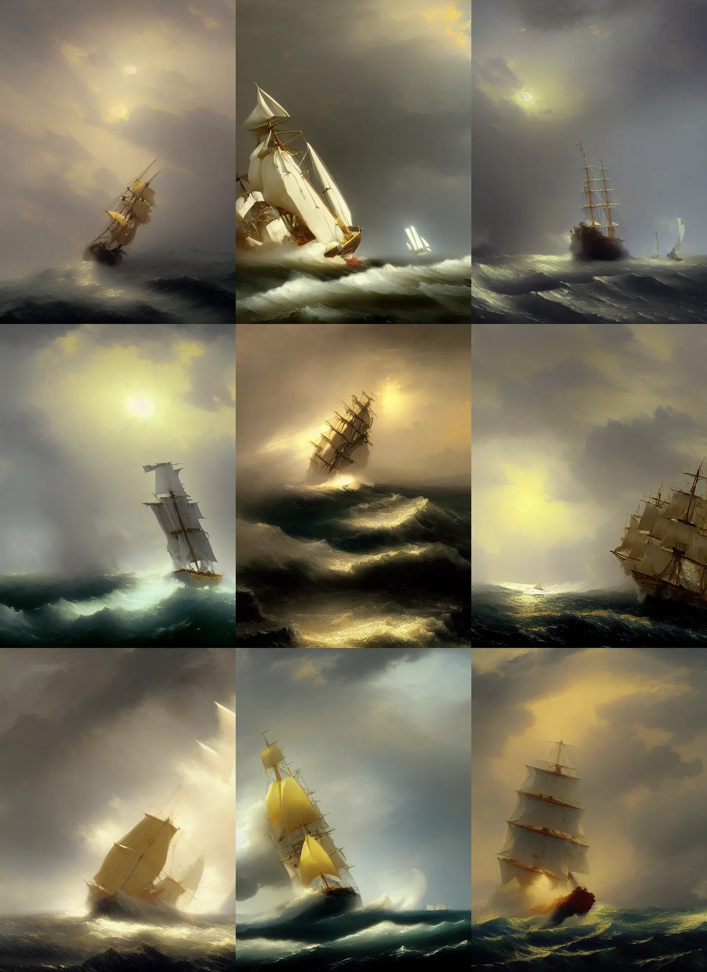 Prompt: in the raging storm sea white ship bearing lemon - yellow sails, by ivan aivazovsky, trending on artstation and unreal engine