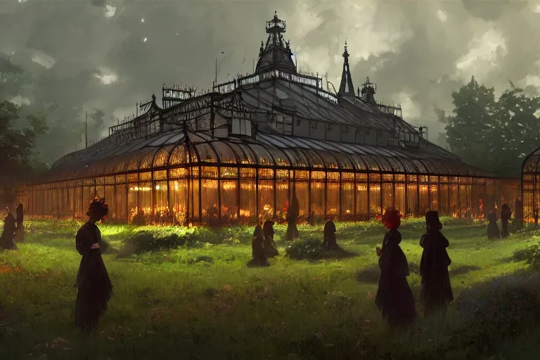 Image similar to an ornate victorian greenhouse, dark satanic ritual in front, scene in an open field. 1 8 9 0, key visual, conceptart, ambient lighting, highly detailed, digital painting, artstation, concept art, sharp focus, by makoto shinkai and akihiko yoshida and greg manchess