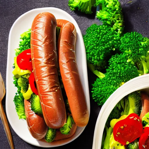 Image similar to photo shoot portrait of a delicious hot dog with whole sardines, broccoli, ketchu and mustard, detailed, uhd, 8k,