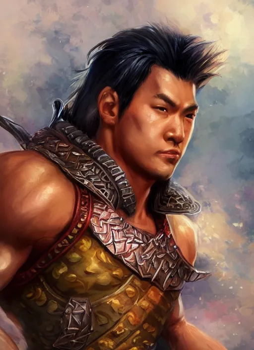 Prompt: muscly asian man mid parted hair, dndbeyond, bright, colourful, realistic, dnd character portrait, full body, pathfinder, pinterest, art by ralph horsley, dnd, rpg, lotr game design fanart by concept art, behance hd, artstation, deviantart, hdr render in unreal engine 5