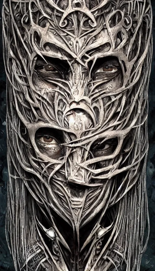 Image similar to ancient biomechanical hybrid slavic thunder god armored head fantasy beautiful human witch face mask tattoo pattern concept, glagolitic glyph, intricate artwork by, Johnatan Wayshak, Zdizslaw Beksinski, Artgerm, H.R. Giger, very coherent artwork, cinematic, hyper realism, high detail, octane render, unreal engine, 8k, High contrast, higly detailed black ink outline, crosshatch sketch gradient