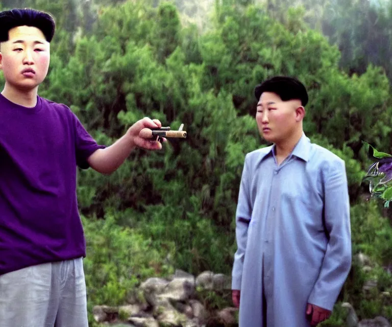 Prompt: hyperralism weed express ( 2 0 0 8 ) movie still photography of realistic detailed north korean kim chen with detailed face smoking reviewing detailed weed bush in detailed basement bedroom ultra violet light