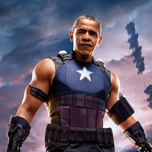 Image similar to film still of Obama as Hawkeye in Marvel’s Avengers