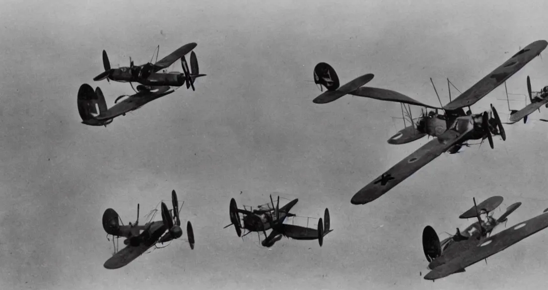 Prompt: photo of a WW1 aerial dogfight, Red Baron, Sopwith Camel, biplanes, triplanes