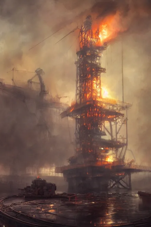 Prompt: a highly detailed matte painting of a soviet steampunk oil rig on fire in fog at night by studio ghibli, makoto shinkai, by artgerm, by wlop, by greg rutkowski, volumetric lighting, octane render, 4 k resolution, trending on artstation, masterpiece