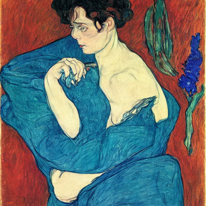 Image similar to portrait of a woman with wild exoticiris. indigo blue, turquoise. henri de toulouse - lautrec, egon schiele, gauguin, kathe kollwitz