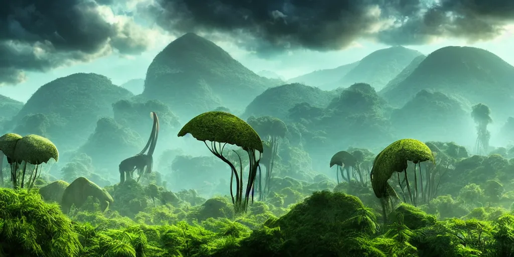 Image similar to a distant prehistoric fern jungle, a silhouette of a distant sauropod head in the background, mountains, clouds, volumetric lighting, hazy, washed out, an award winning digital render, beautiful, ultradetailed, hyperrealistic, great composition