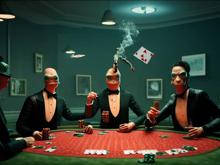 Image similar to hyperrealism simulation highly detailed human turtles'wearing detailed tuxedos and smoking, playing poker in surreal scene from cyberpunk movie from future by wes anderson and denis villeneuve and mike winkelmann rendered in blender and octane render