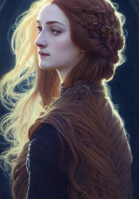 Image similar to portrait of sansa stark with long hair, intricate, elegant, highly detailed, digital painting, artstation, concept art, smooth, sharp focus, illustration, art by artgerm and greg rutkowski and alphonse mucha and william - adolphe bouguereau