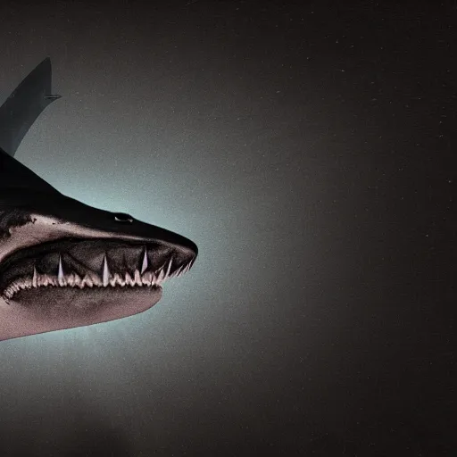 Prompt: giant shark smiling, trending on artstation, dark atmospheric lighting rear view sacred geometry, 8 k