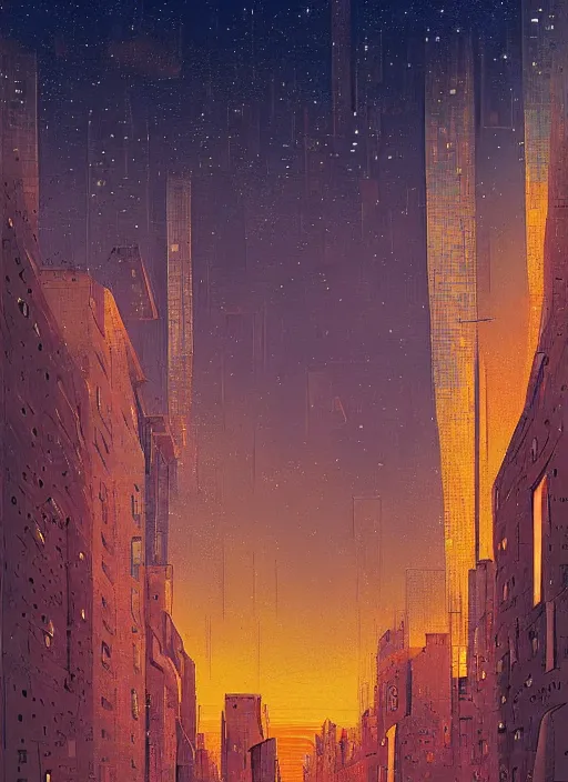 Prompt: ethereal starlit city at sunset, italian futurism, da vinci, Josan Gonzalez