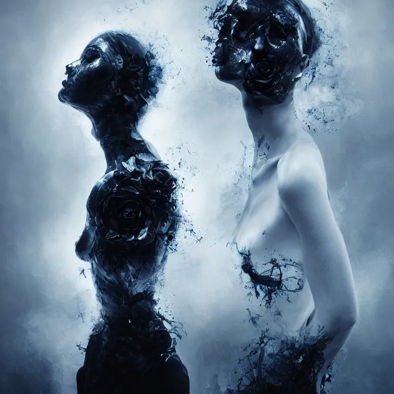 Prompt: 3 d, white and black smoke, sun rays, confident fashion model, sweat skin, liquid black metal, black roses, poster art, high detail, intricate oil painting, multiple exposure, deep blue mood, hyperrealism, 3 d, by tooth wu and wlop and beeple and greg rutkowski