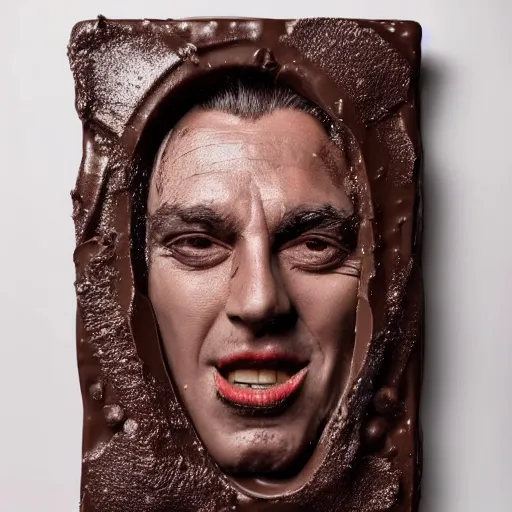 Prompt: dark chocolate relief of like till lindemann, dark chocolate painting, made of chocolate relief, 8 k resolution, professional photo of chocolate relief of