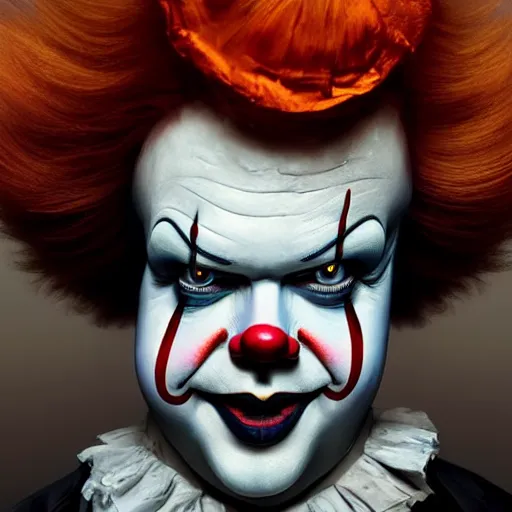 Image similar to hyperrealistic mixed media image of jack black disguised as pennywise the clown, stunning 3 d render inspired art by istvan sandorfi and greg rutkowski, perfect facial symmetry, realistic, highly detailed attributes and atmosphere, dim volumetric cinematic lighting, 8 k octane extremely hyper - detailed render, post - processing, masterpiece,