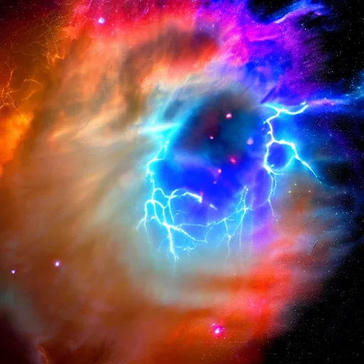 Prompt: nebula made of lightning, planets, shore, twister, 4 k