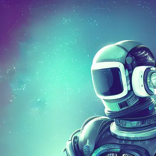 Image similar to cyberpunk astronaut bot, cinema 4 d, galaxy space sci - fi, wearing vr goggles, illustration, portrait, pastel neon textured background night, detailed,