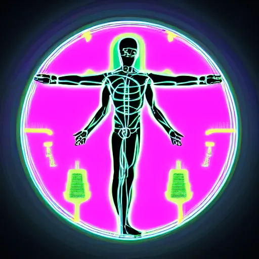 Image similar to vitruvian man, portrait, vaporwave, synthwave, neon, vector graphics, cinematic, volumetric lighting, f 8 aperture, cinematic eastman 5 3 8 4 film