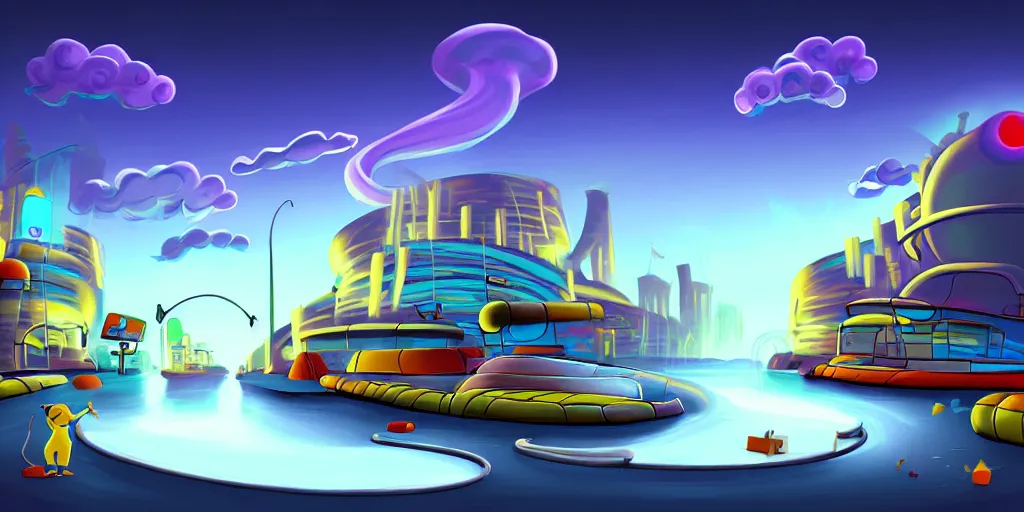 Image similar to nightscape chubby cartoon concept art, wall with drain on the edge of the river, spiral clouds, sam and max, liquid smoke, catamarans