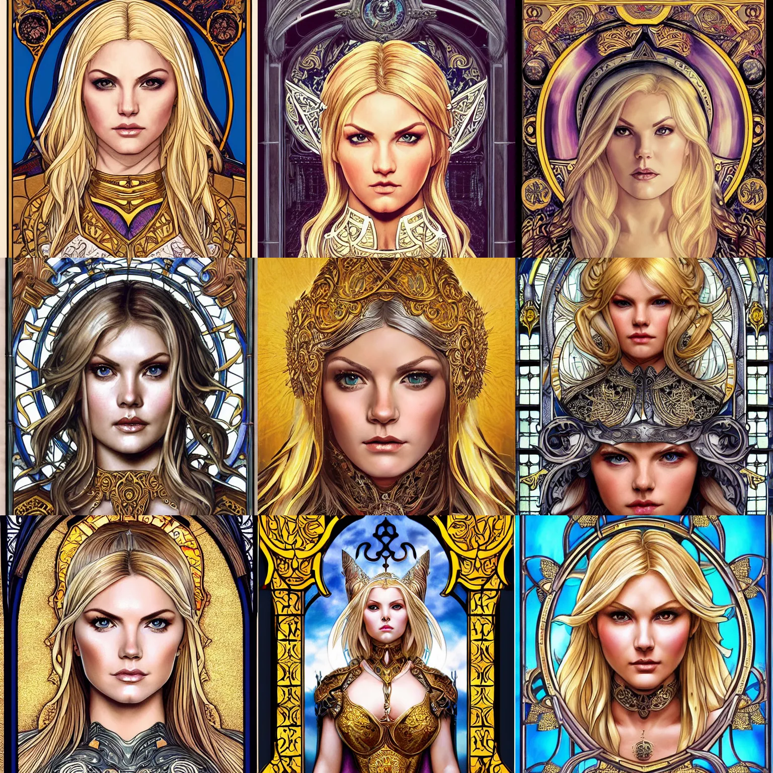 Prompt: head-on symmetrical centered painted portrait, Elisha Cuthbert as a paladin, blonde hair, golden halo, ornate iron armour, art nouveau tarot, fantasy, masterpiece stained glass, intricate, elegant, highly detailed, smooth, sharp focus, illustration, artstation, in the style of Artgerm and Anna Podedworna and Alex Ross and Mucha